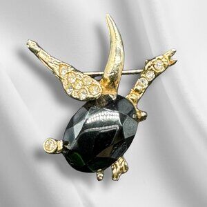 Vintage Gold Tone Bird in Flight Brooch Black Glass and Clear Stones